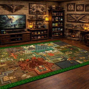 May include: A large, rectangular area rug with a detailed map design in shades of green, brown, and tan. The rug is placed on a wooden floor in a room with a TV, shelves, and a leather armchair. The rug has a green border.