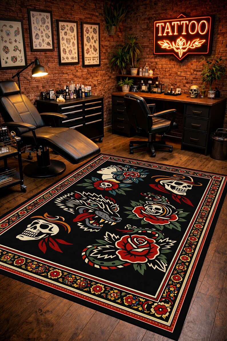 Gothic Tattoo Style Rug – Wolf, Skull & Rose Print - Etsy