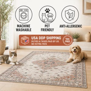 a dog and a cat sitting on a rug in a room, with a machine washable rug, a pet friendly rug, and an anti-allergic rug. The rug is from USA DDP Shipping, and the image includes icons for machine washable, pet friendly, and anti-allergic features, along with a message that the rug is tax-free.