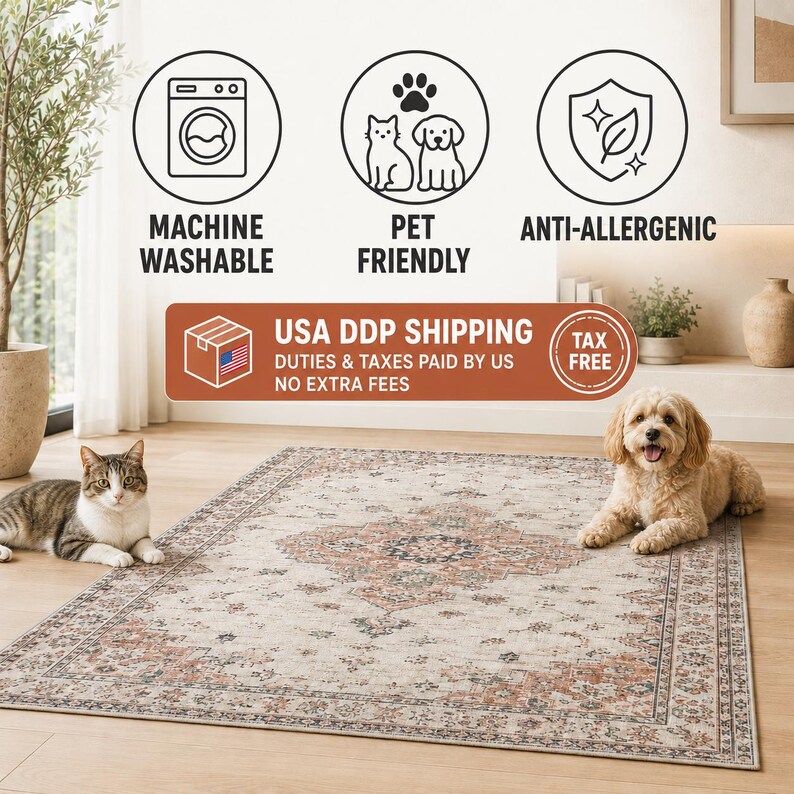 a dog and a cat sitting on a rug in a room, with a machine washable rug, a pet friendly rug, and an anti-allergic rug. The rug is from USA DDP Shipping, and the image includes icons for machine washable, pet friendly, and anti-allergic features, along with a message that the rug is tax-free.