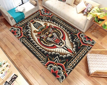 Tiger Tattoo Design Rug: Traditional Style, Non-Slip Cotton Base