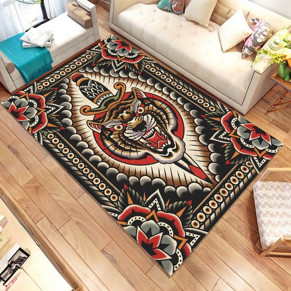 Tattoo Design Rug, Tiger Themed Rug, Traditional Tattoo Rug, Custom Rug, Popular Rug, Cheap Rug, Living Room, Personalized Gift,Gift For