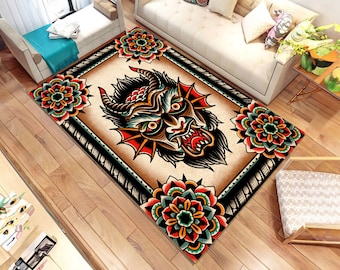Tattoo Design Rug, Evil Devil Themed Rug, Traditional Tattoo Rug, Custom Rug, Popular Rug, Cheap Rug,Living Room, Personalized Gift,Gift For