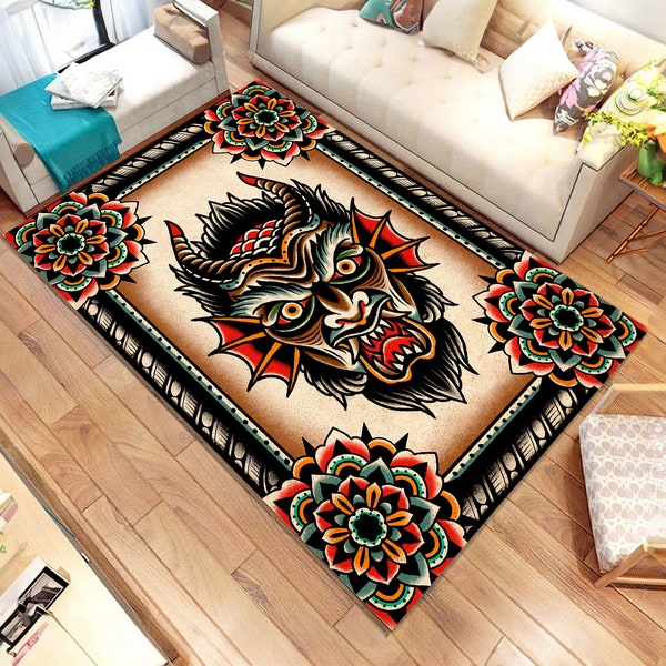 Tapis design tatouage, tapis sur le thème du diable, tapis tatouage traditionnel, tapis personnalisé, tapis populaire, tapis pas cher, salon, cadeau personnalisé, cadeau pour