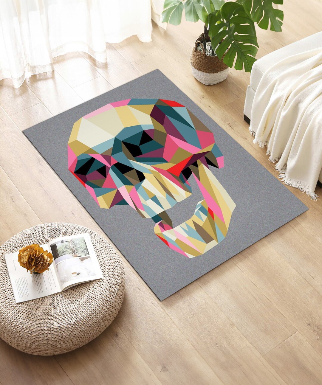 Colorful Skull Rug: 3D Fashion Tattoo Pattern, Non-slip Cotton Base - Etsy