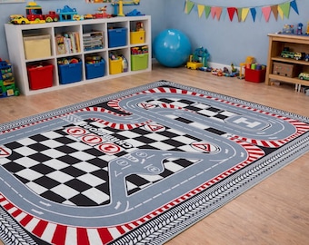 NASCAR Racing Area Rug, Race Car Bedroom Rug, Checkered Flag
