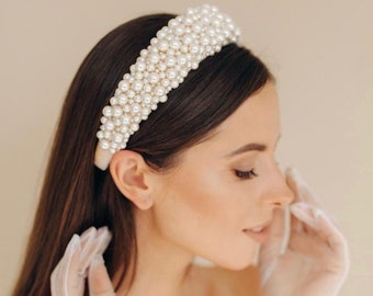 Bridal  headband - Pearl Halo - wedding tiara - pearl headband - bridal hair piece - Each glass bead is sewn by hand without any glue -