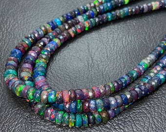 AAA+Black Ethiopian Opal Faceted Beads, 4-7 MM, Multi Fire Opal Rondelle Beads,Opal Beaded Beads, Flashy Opal Beads, October Birthstone Gift