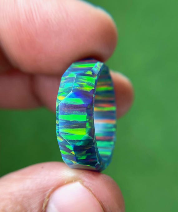 Solid Black Opal Ring, Thin Pure Black Opal Band, Bello Opal Green