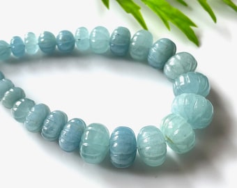 AAA+Natural Aquamarine Carved Rondelle Beads, Blue Aquamarine Beads 7/10 MM, Handmade Jewelry, Beautiful Aquamarine Carving Gemstone,