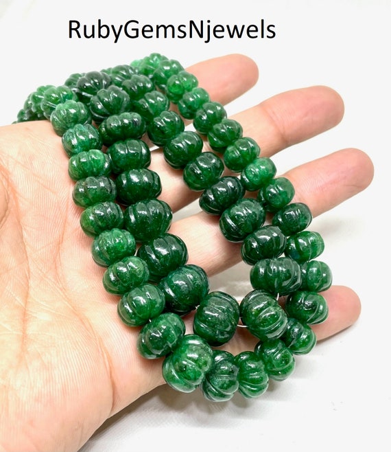 Dark Green Zambian Emerald Carved Melon Beads 6-10MM , Natural