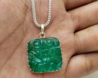 Natural Emerald Carved Necklace Pendant Sterling Silver Earth Mined Natural Green Emerald, May Birthstone Jewelry