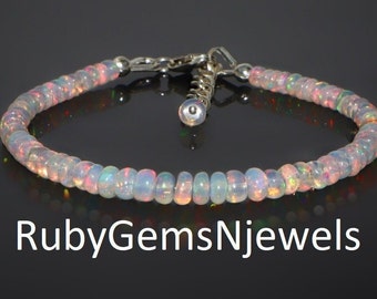 Fire Ethiopian Opal Beaded Dainty Bracelet, AAA Grade Opal Sterling Silver Bracelet, Multi Color Fire Opal Bracelet, Genuine Opal Jewelry