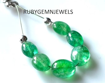 6 Pcs, Natural Green Emerald Smooth Oval Shape Beads, 6-7MM Zambian Emerald Nugget Beads, Emerald Loose Beads, May Birthstone