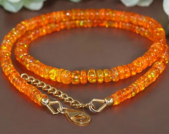 Collar de cuentas de ópalo de fuego mexicano genuino AAA+ con cuentas de ópalo naranja redondas lisas, joyería, regalo para ella, regalo para él