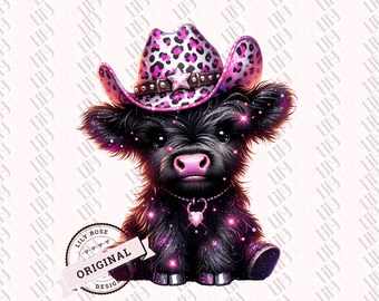 Highland Cow Png, Highland Cow Design, Pink Cow, Cowgirl Png, Highland Cow Art, Cow Sublimation, DTF, POD, Cute Cow PngCows