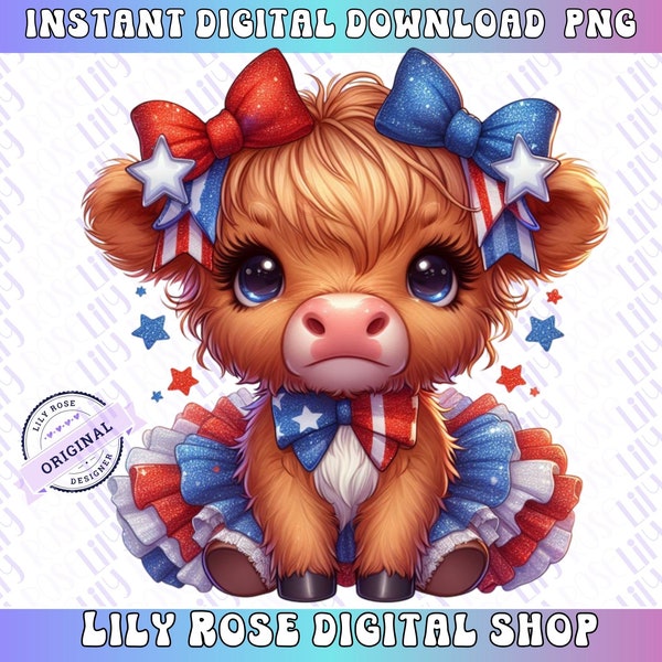 Fourth Of July Png, Patriotic Cow, American Cow, Western Cow, Highland Cow Sticker, Highland Cow Design, Cow Illustration