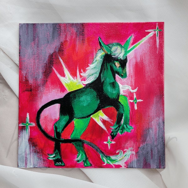 Peinture originale : « Licorne noire » acrylique sur toile enduite