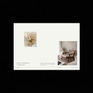 Op de afbeelding: Een projectvoorsteldocument met een minimalistisch ontwerp. Het bevat een close-up van een witte bloem en een foto van een stoel in een kamer. De tekst luidt "PROJECT PROPOSAL For Atelier Aura".