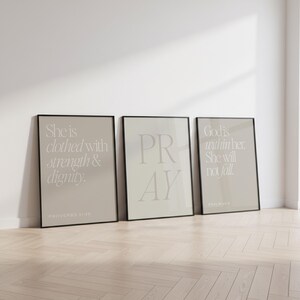 Christliche Wandkunst 3er-Set | Beten Sprüche 31 25 Psalm 46 5 | Frauen Schrift Drucke | Neutral Beige Faith Dekor | Digitaler Download