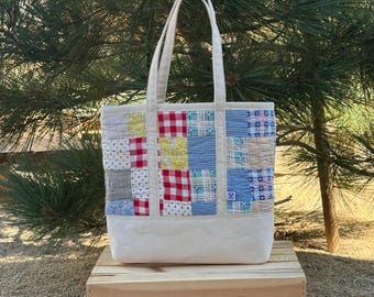 Vintage Quilt Canvas Tote Bag – Handmade Heritage Tote | Unique Eco-Friendly Gift | Farmers Market Bag | No. 038