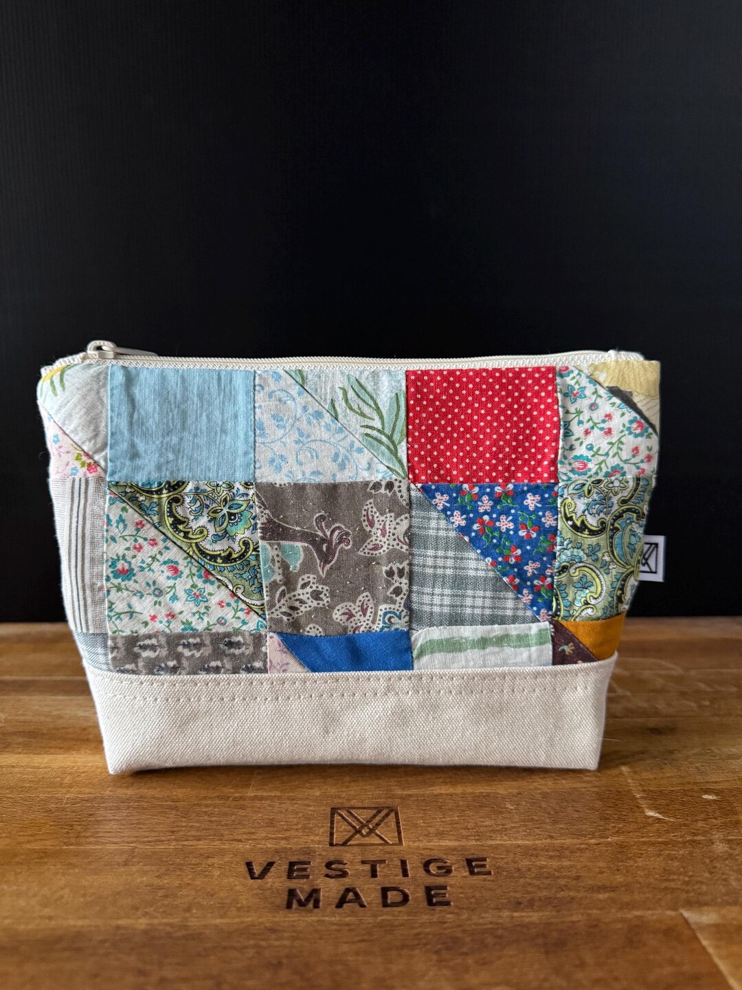 Patch Work Accessory Vintage Quilt Canvas Accessory Bag | Colorful Square Patchwork Zipper ...