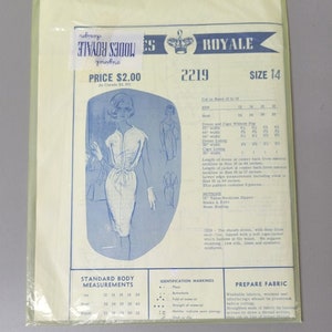 May include: A vintage sewing pattern for a sheath dress with a cape jacket. The pattern is for size 14 and includes instructions for cutting and sewing the garment. The pattern is from the Royale brand and is priced at £2.00.