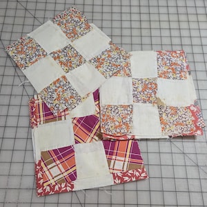 14 Vintage 8" Four Patch Quilt Blocks Unfinished Squares. 1910s - 1930s Red Pink