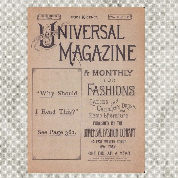 1889 The Universal Magazine December, A Monthly for Fashions Ladies & Children's Dress, Pattern Catalog PDF, E-Book DOWNLOAD, Vol 2 No 12.