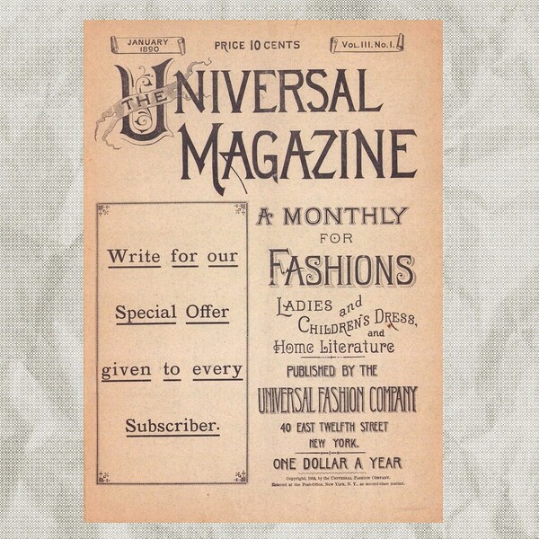 1890 The Universal Magazine January, A Monthly for Fashions Ladies & Children's Dress, Pattern Catalog PDF, E-Book DOWNLOAD, Vol 3 No 1.