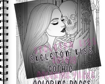Skeleton Kiss Coloring Page | Gothic Romance Line Art | Dark Fantasy Printable for Adults