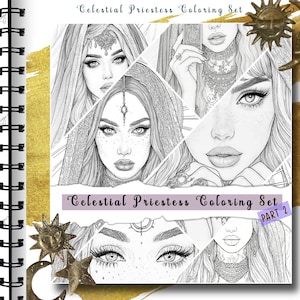 Celestial Priestess Coloring Pages: Magical Goddess Line Art (PDF & PNG Set of 6)