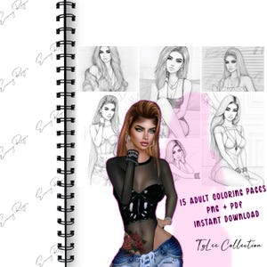 Könnte beinhalten: Ein spiralgebundenes Notizbuch mit weißem Einband und sich wiederholendem Schriftzug. Das Bild zeigt eine Sammlung von 15 Ausmalbildern für Erwachsene im PNG- und PDF-Format, die sofort zum Download bereitstehen. Die Kunstwerke zeigen Illustrationen von Frauen.
