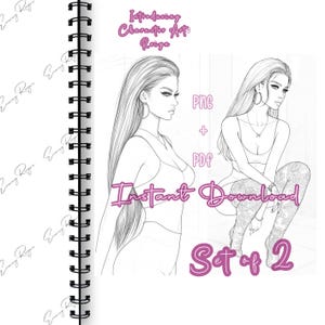 May include: A spiral-bound notebook with a black spine and white pages. The notebook features two black and white illustrations of a woman. The text on the image reads "Introducing Character Art: Roiga", "PNG + PDF", "Instant Download", and "Set of 2".