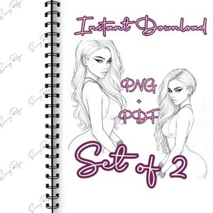 May include: A digital download set of two line art illustrations of a woman with long wavy hair. The text "Instant Download", "PNG + PDF", and "Set of 2" are in a dark purple script font. The illustrations are on a white background.