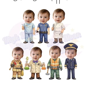 May include: Illustration of baby figures dressed in various professions, including a nurse, police officer, chef, firefighter, scientist, construction worker, and pilot. The text "Custom Career Toppers" and "You can request any custom character, send us a message!" are also visible.
