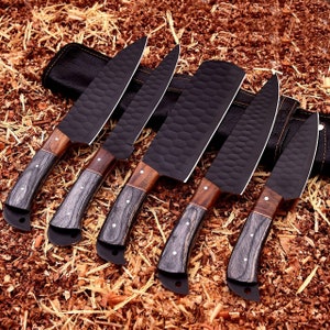 Handmade Damascus Steel Chef set Of 5pcs With Leather Sheath, Chef Knife Set, Damascus Kitchen Knife Set ,Christmas Gifts ,Anniversary Gifts