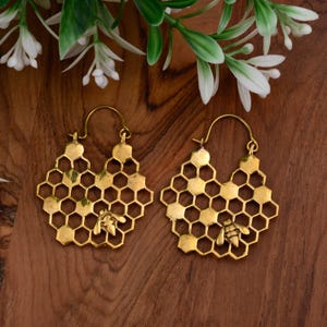Honeycomb bee hoop golden brass earring, Bohemian Hippie Chic Dangle Earrings jewellery