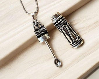 crystal ishvara bottle spoon necklace,Brass spoon & bottle golden pendant with chain, secret box pendant