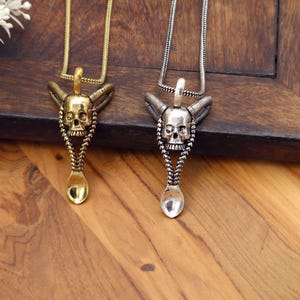 Brass mini spoon skull gothic golden silver pendant with chain, skull teaspoon pendant necklace for men and women
