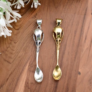 Skull mini spoon animal pendant, handmade brass pendant- Unique Skull Pendant Necklace with Bird of Prey and Mini Spoon