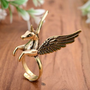 Pegasus unicorn mogassuni unique ring in silver and gold color, adjustable big hand ring, wings ring brass jewellery designer gift.