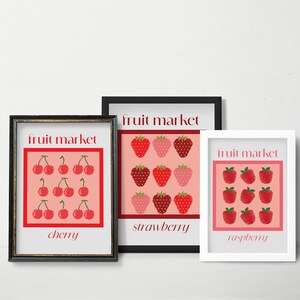Strawberry, Raspberry & Cherry Fruit Market Poster Set | Instant Download Fruit Wall Art | Fresh Berry Poster Collection | Christmas Gifts