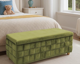 Olive green bench, Boho ome decor, Premium furniture, Regular storage, 3D textured bench, Nomadic seating, Padded storage, RS 3D fabric 23