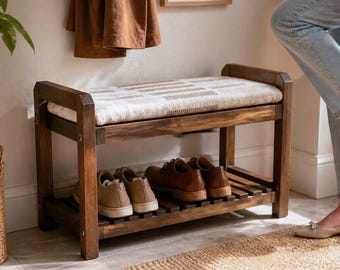 Cream Tribal Block Wooden Shoe Bench | Living Room Storage