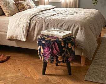 Gothic footstool, Bench with roses, Round plant stand, Farmhouse decor, Fireside pouf stool, Ottoman mid table, Make up chair, RS 506