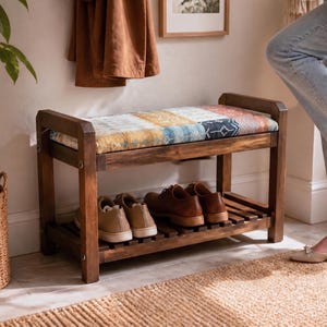 Senfgelb Patchwork Kilim Stripe Schuhbank aus Holz | Mudroom Accession Lagerung