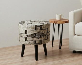 Southwestern ottoman, Tribal pouf, Footrest stool, Make up stool, Vanity stool, Handmade furniture, Round rustic stool, Tan color pouf RS 47