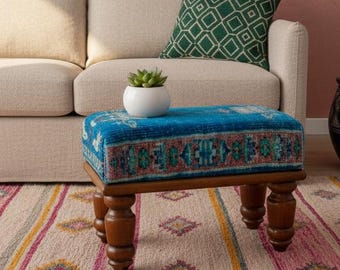 Accent Footstool, Oriental Bench, Small Ottoman, Upholstered Bench, Eclectic Footstool, Artistic Ottoman, 9x18x14, RSB 9x18 101