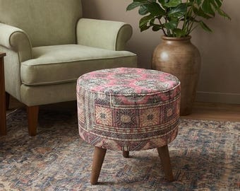 Decorative rustic pouf, Wooden bench with cushions, Soft color footstool, Round shape ottoman bench, Functional pouf stool, RS 108